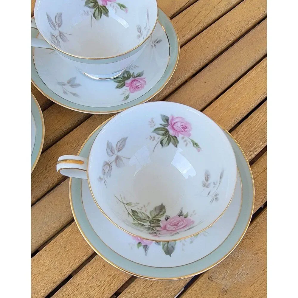 3 Noritake Priscilla China Cup & Saucer 5310 Pink Roses Gold & Green Accent Vtg